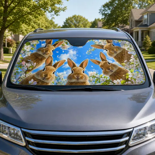 Peeking Brown Rabbits With Spring Blossoms For Cheerful Road Trips And Animal Lovers Car Sunshade