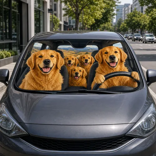 Golden Retriever Road Trip Crew In Cozy Cabin For Dog Lovers And Pet Travel Fans Car Sunshade