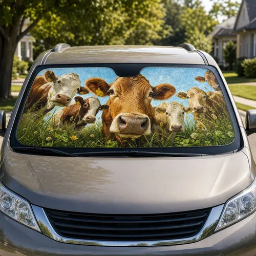 Curious Dairy Cow Herd Closeup In Green Pasture For Farm Lovers And Daily Road Trips Car Sunshade