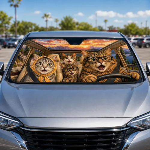 Funny Tabby Cats Alpine Road Trip Sunset Mountain Cabin Decor For Cat Lovers Gift Car Sunshade