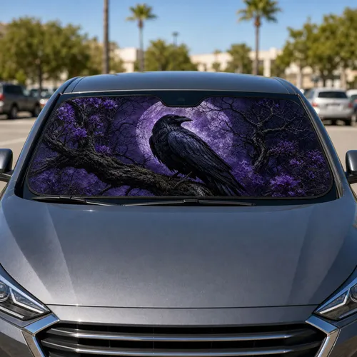 Gothic Raven With Lavender Full Moon For Dark Fantasy Decor And Mystic Bird Lovers Car Sunshade