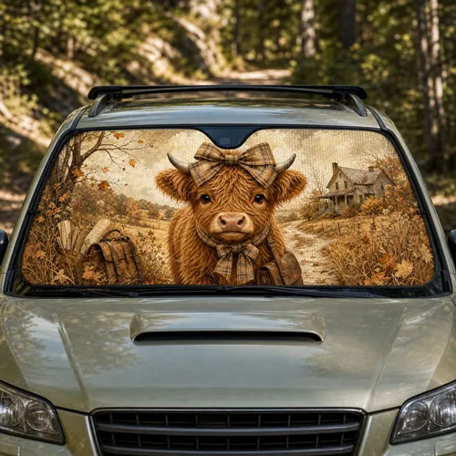 Cute Highland Calf With Plaid Bows Rustic Autumn Farmhouse Decor For Cow Lovers Gift Car Sunshade