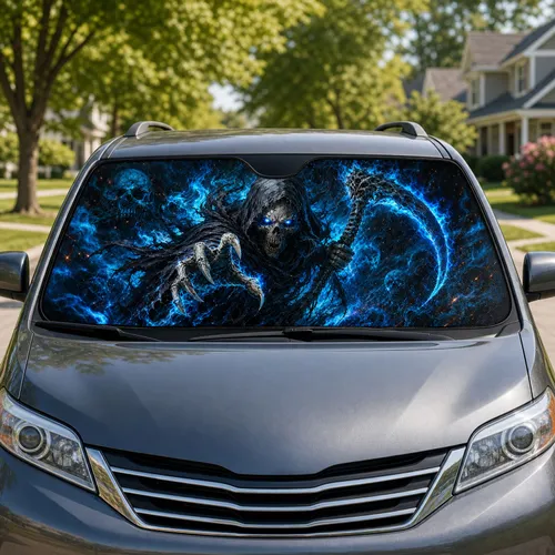 Gothic Grim Reaper Skull With Blue Flames Dark Fantasy Horror Style For Gamers And Fans Car Sunshade