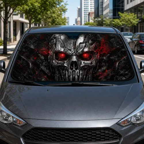 Cybernetic Battle Skull With Red Glowing Eyes For Dark Sci Fi Metal Fans And Daily Drivers Car Sunshade