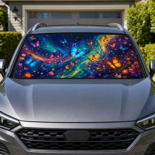 Fantasy Butterfly Night Sky With Aurora Glow For Magical Road Trip Decor Lovers Gift Car Sunshade