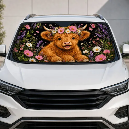 Highland Calf With Wildflower Crown Cute Cottagecore Road Trip Decor For Cow Lovers Car Sunshade