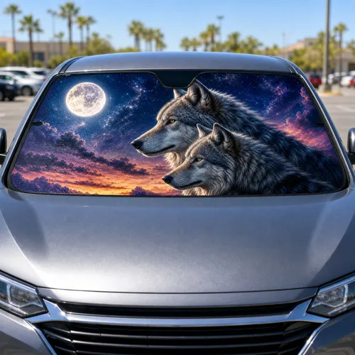 Realistic Moonlit Gray Wolves Night Sky Decor For Wildlife Lovers And Road Trips Car Sunshade