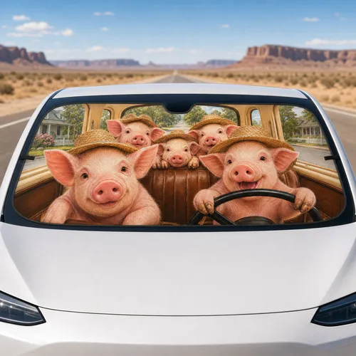 Cute Straw Hat Piglets In Retro Travel Cabin For Summer Road Trips And Farm Fans Car Sunshade