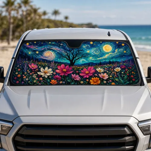 Starry Wildflower Meadow With Moonlit Tree For Boho Road Trips And Nature Lovers Car Sunshade