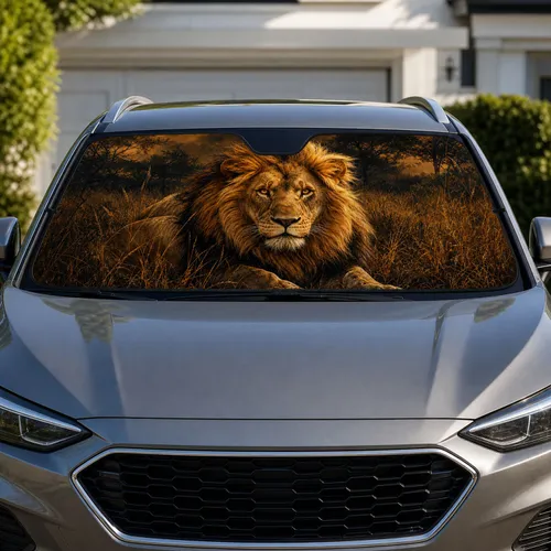 Majestic Lion In Dusk Savanna Grass Safari Wildlife Style For Outdoor Travelers And Fans Car Sunshade