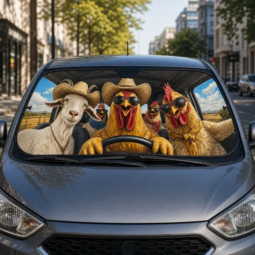 Funny Farm Animal Road Trip Crew With Rooster Goat Chickens For Summer Driving Laughs Car Sunshade