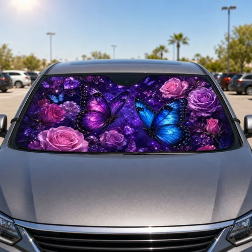 Luminous Butterflies And Purple Roses For Midnight Violet Romantic Fantasy Decor Lovers Car Sunshade
