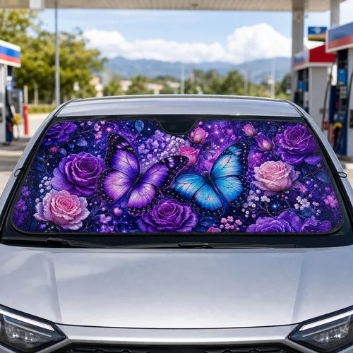Purple Rose Butterfly Fantasy Floral Decor For Road Trips And Everyday Women Drivers Car Sunshade