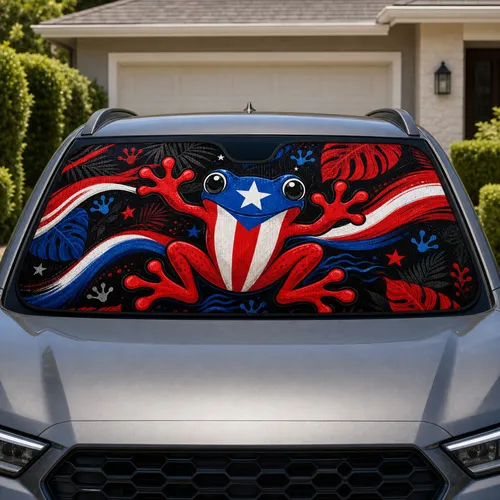 Puerto Rico Flag Coqui Frog With Tropical Leaves For Bold Island Pride Drivers And Fans Car Sunshade