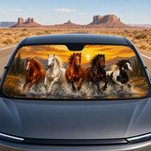 Five Galloping Horses At Golden Sunset Western River Decor For Ranch Lovers And Horse Fans Car Sunshade
