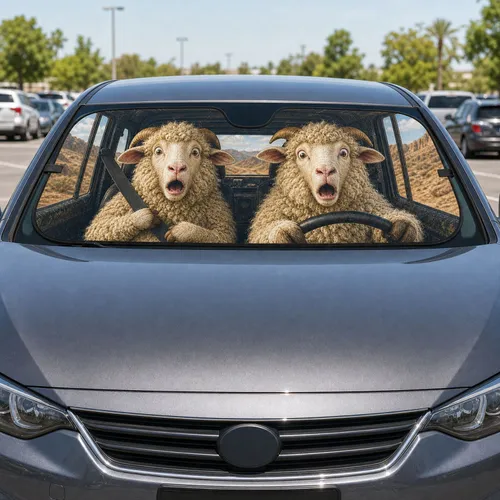 Startled Woolly Sheep Driving Desert Cabin Scene For Road Trip Animal Humor Fans Car Sunshade