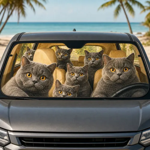 Seven Gray British Shorthair Cats In Beige Cabin Daily Road Trip Gift For Cat Lovers Car Sunshade
