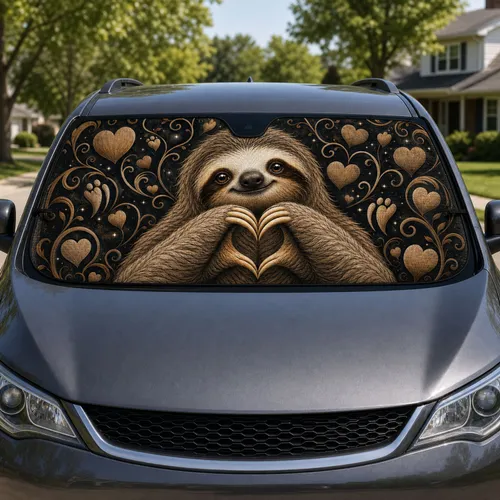 Cute Heart Hands Sloth With Charcoal Hearts Cozy Gift For Animal Lovers And Fans Car Sunshade
