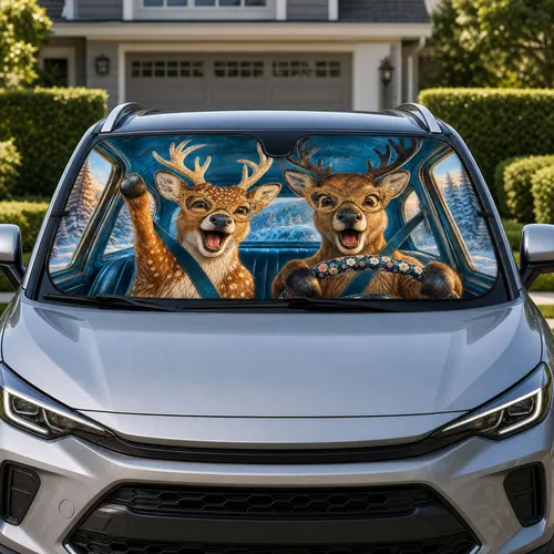Funny Reindeer Drivers In Gold Cat Eye Glasses For Winter Road Trip Cabin Humor Fans Car Sunshade