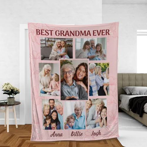 Custom Grandma Photo Blanket, Personalized Grandkids Names Fleece Throw Gift