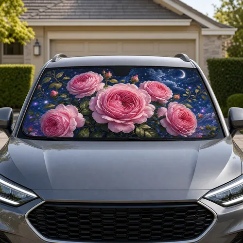 Pink Garden Roses Under Navy Starlight For Elegant Daily Drives And Floral Decor Fans Car Sunshade