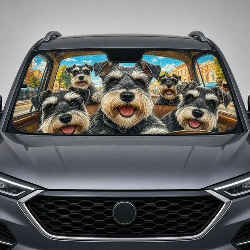 Joyful Schnauzer Dog Road Trip Crew With Realistic Fur For Pet Lover Travel Style Car Sunshade