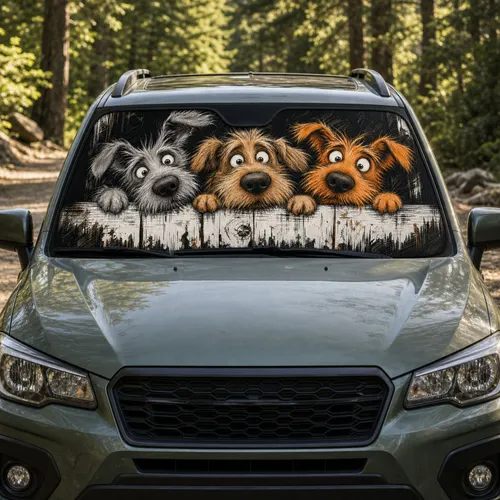 Goofy Scruffy Dogs Peeking Over White Fence For Family Road Trips And Pet Lover Gifts Car Sunshade