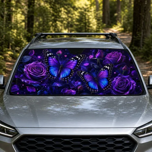 Violet Blue Swallowtail Butterflies With Purple Roses For Gothic Floral Decor Lovers Car Sunshade
