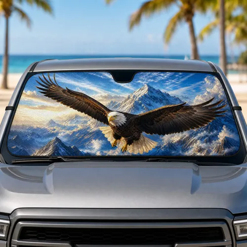 Soaring Bald Eagle Over Snowy Mountains For Patriotic Outdoor Adventure Travelers Car Sunshade