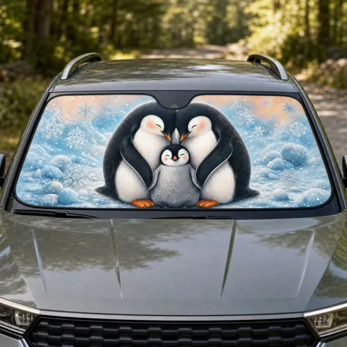 Penguin Family Snowy Arctic Scene For Winter Road Trips And Family Travel Decor Fans Car Sunshade