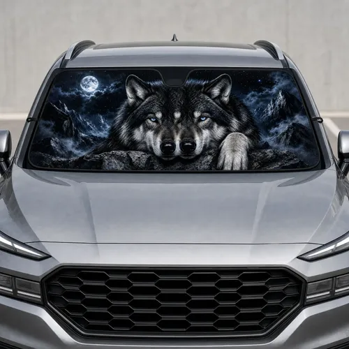Icy Blue Eyed Northern Wolf On Rocks For Night Drive Decor And Wildlife Lovers Gift Car Sunshade
