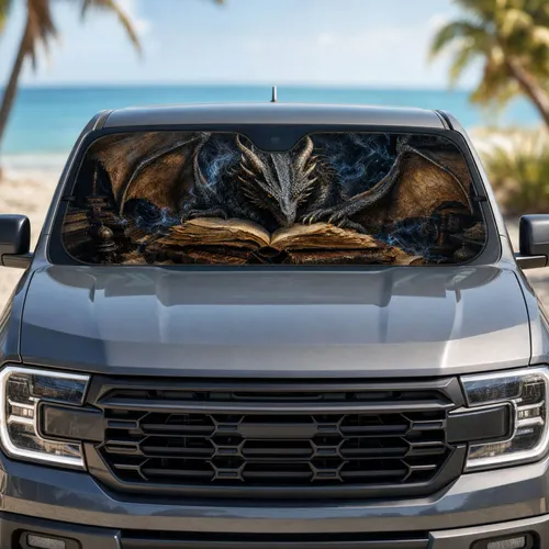 Dark Silver Dragon Reading Ancient Tome For Gothic Library Night Decor Fantasy Fans Car Sunshade