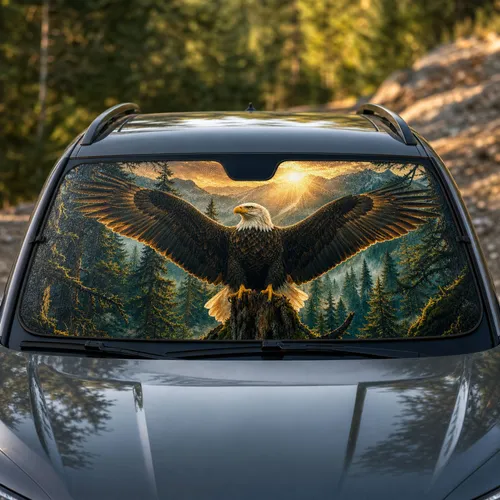 Bald Eagle In Misty Forest Sunrise Patriotic Wildlife Decor For Outdoor Enthusiasts Car Sunshade