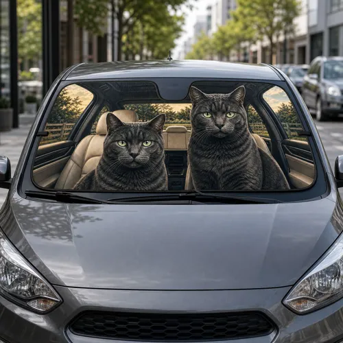 Gray Green Eyed Cats In Cozy Auto Cabin Summer Heat Privacy Decor For Cat Lovers Car Sunshade