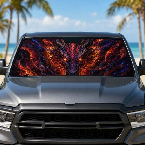 Fierce Fire Dragon Head With Volcanic Flames For Fantasy Fans And Gothic Style Lovers Car Sunshade
