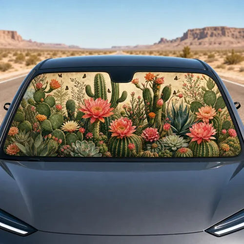Desert Cactus Garden With Coral Blooms For Boho Southwest Summer Adventure Travel Lovers Car Sunshade