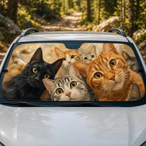 Realistic Curious Cats Full Bleed Orange Tabby Decor For Pet Lovers Road Trip Style Car Sunshade
