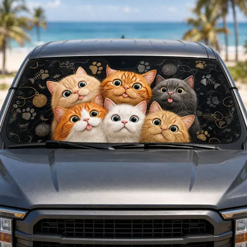 Funny Fluffy Cat Faces With Paw Motifs For Pet Lovers And Daily Commute Cabin Style Car Sunshade