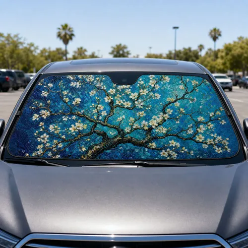 Post Impressionist Plum Blossom Branches On Teal Indigo Floral Decor For Nature Lovers Car Sunshade