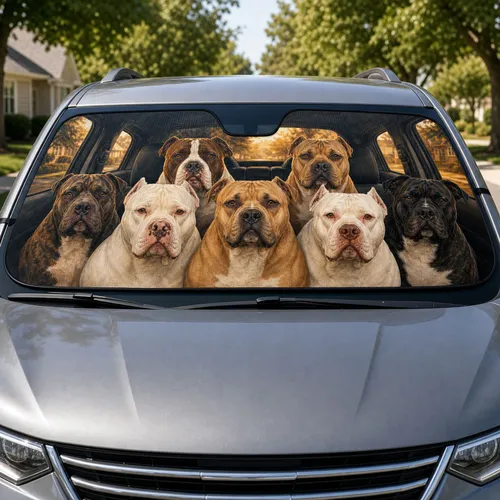 Realistic Pit Bull Bulldog Pack With Warm Cabin Vibes For Dog Lover Summer Rides Car Sunshade