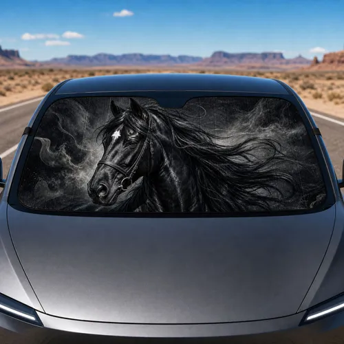 Glossy Black Stallion Portrait With Smoky Charcoal Drama For Equestrian Style Lovers Car Sunshade