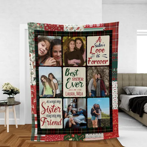 Custom Sister Photo Blanket, Personalized Christmas Gift for Sister
