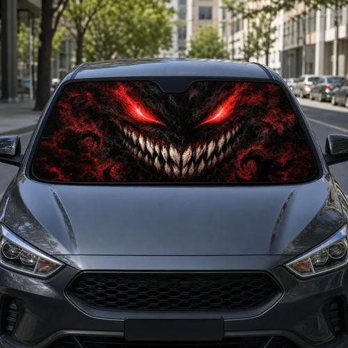 Red Eyed Shadow Demon With Bone Fangs For Gothic Horror Rides And Night Drive Style Car Sunshade
