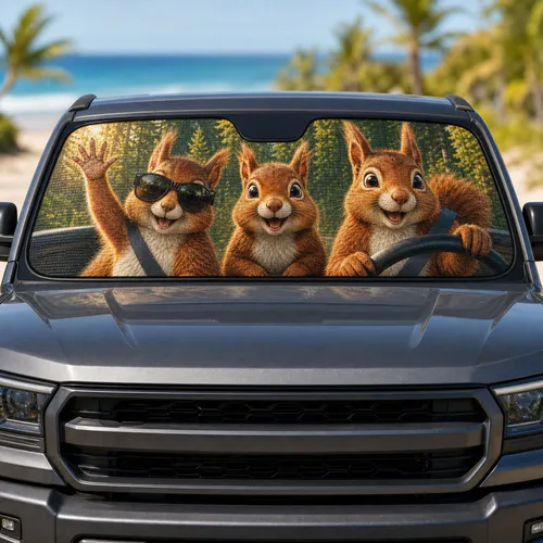 Three Red Squirrels On Woodland Road Trip For Family Travel And Animal Lovers Gift Car Sunshade