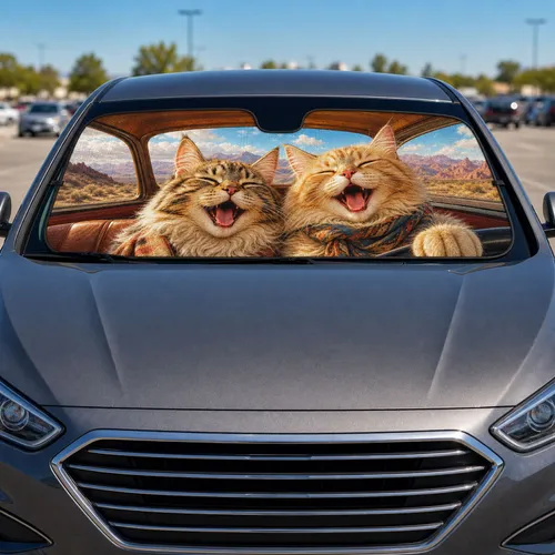 Laughing Fluffy Cats In Cozy Vehicle Cabin Desert Highway Road Trip Decor For Cat Lovers Car Sunshade