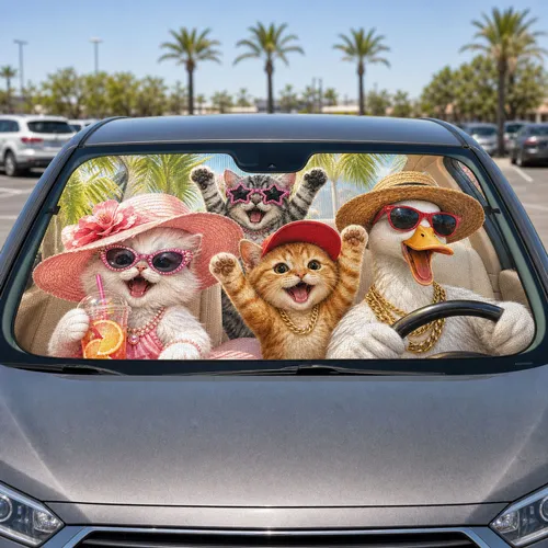 Vacation Animal Road Trip Crew With Kittens And Duck For Summer Travel Party Vibes Car Sunshade