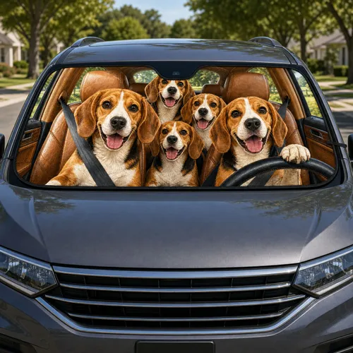 Five Beagle Dogs In Warm Leather Road Trip Cabin For Dog Lovers And Pet Parents Gift Car Sunshade