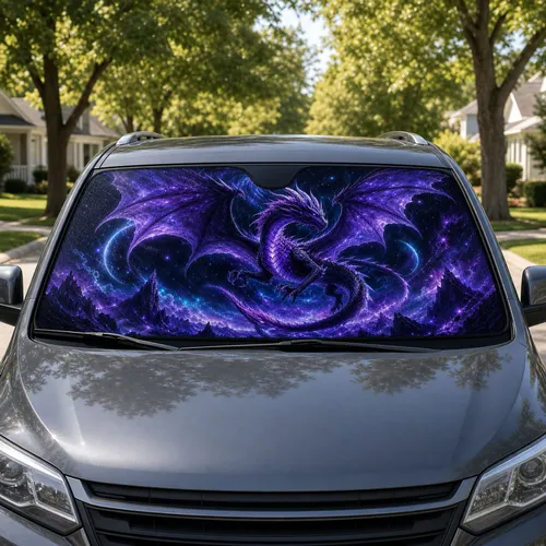 Dark Violet Fantasy Dragon In Cosmic Nebula Sky For Goth Galaxy Decor And Mystic Fans Car Sunshade