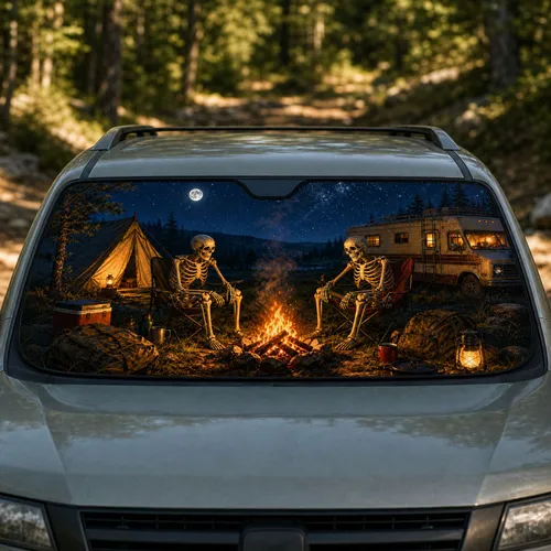 Skeleton Campers Around Campfire With Tent And Retro RV For Spooky Camping Lovers Car Sunshade