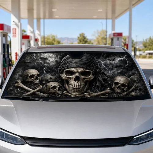Gothic Pirate Skull Storm Scene With Lightning For Dark Nautical Road Trip Style Car Sunshade